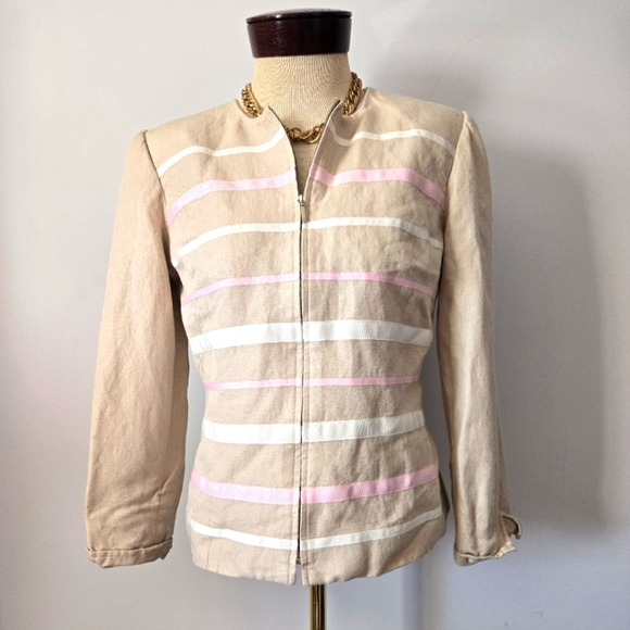 Mary Mcfadden Linen Beige Ribbon Striped Jacket. Size 6P - Picture 1 of 10